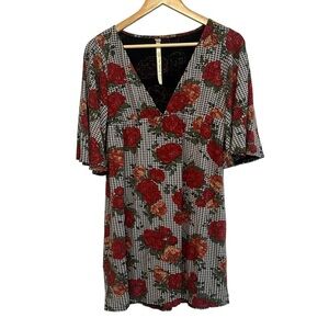 Women's Medium Stretchy Black Red Rose Floral Bell Short Sleeve Tunic Mini Dress